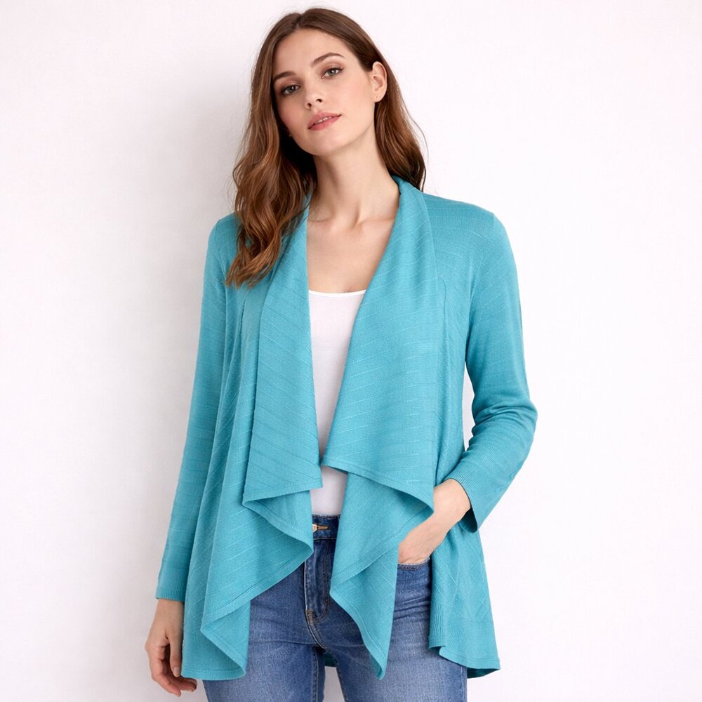 Dana Buchman Vibrant Turquoise Blue Open Front Asymmetrical Cardigan NWOT SZ L
